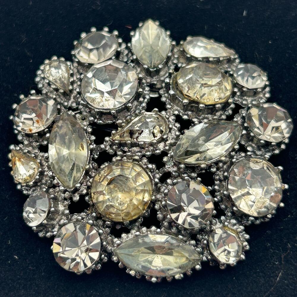 WEISS Silver Tone 2" Brooch Foil Back Grey Glass Stones Vintage Signed Pin READ